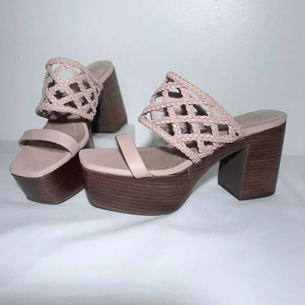 SCHUTZ Rose-Nude Platform Sandals Woven Leather High Block Heel Size 8